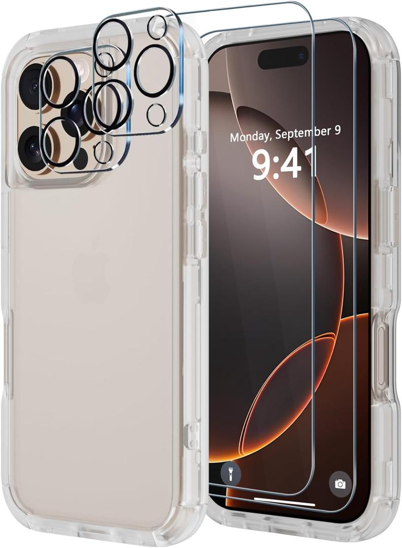 Diverbox for iPhone 16 Pro Max Case [Shockproof] [Dropproof] [Tempered Glass Screen Protector + Camera Protectors] Heavy Duty Protection Phone Case Cover for Apple iPhone 16 Pro Max (Matte Clear)