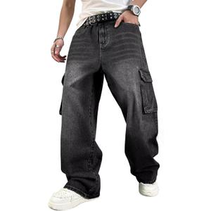 HUNGSON Mens Baggy Cargo Jeans for Men Women Y2k Skater Vintage Plain Pants Casual Wide Leg Jeans Loose Fit Denim Jeans Black Grey (Black, L)