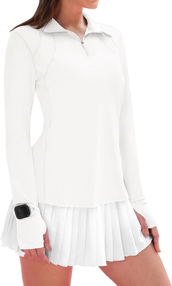 IECCP Womens Long Sleeve 1/ 4 Zip Hiking Shirts Runing Workout Tops with Watch Hole UPF 50+ Sun Protection Sun Shirts Lightweight Breathable Stretch Rash Guard (White, M)