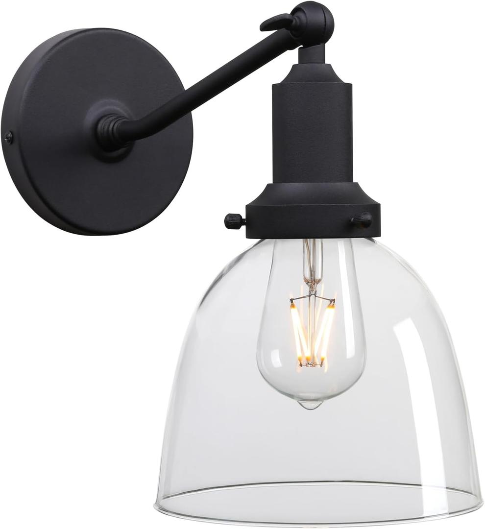 PERMO Industrial Vintage Slope Pole Wall Mount Single Sconce with 6.7" Oval Dome Clear Glass Shade Wall Sconce Light Lamp Fixture (Black)