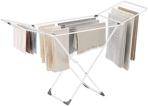 SONGMICS Clothes Drying Rack, Metal Laundry Drying Rack, Foldable, Space-Saving, Free-Standing Airer, with 2 Gullwings, Indoor Outdoor Use, Bed Linen Clothing, White ULLR540W01
