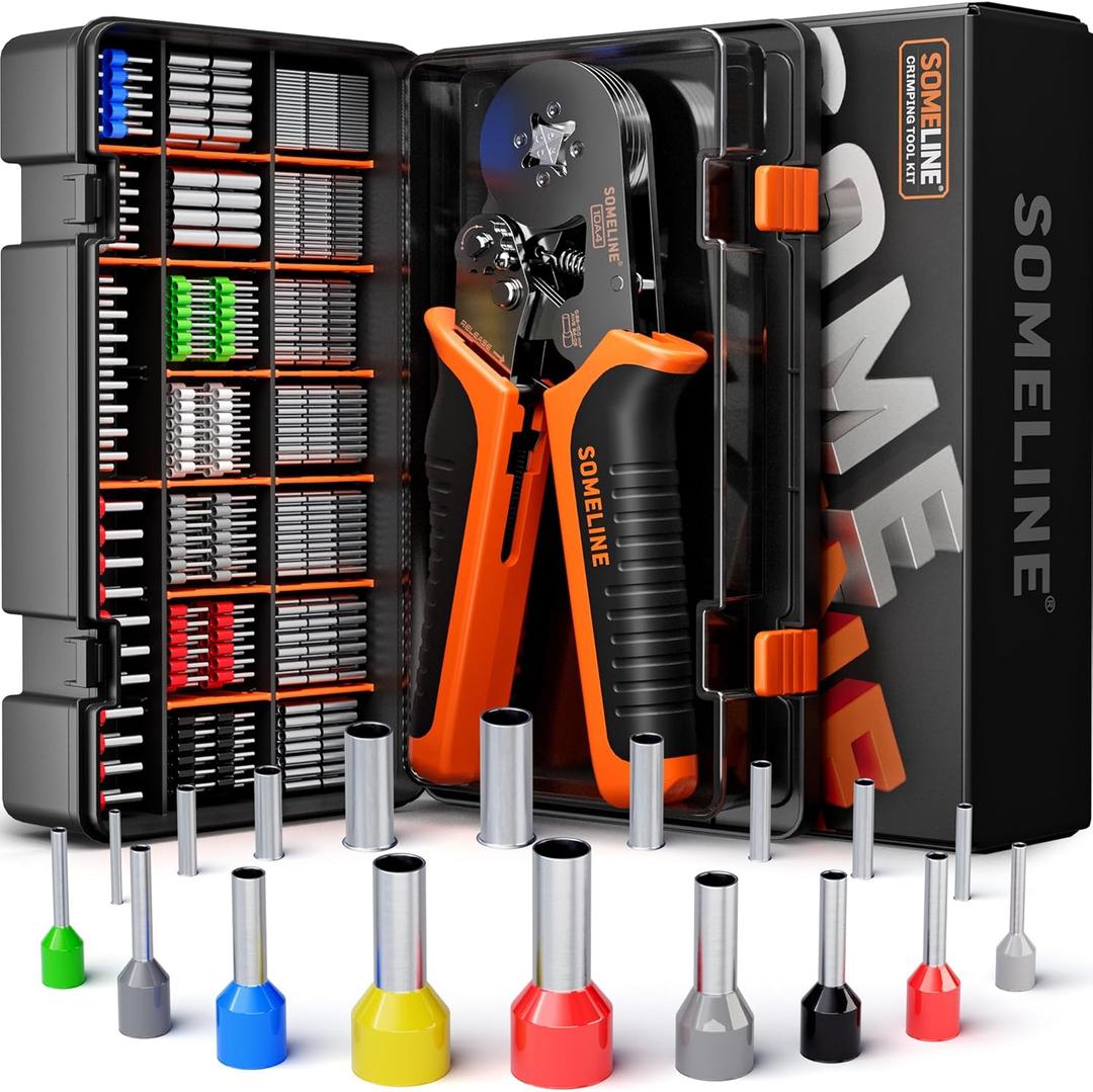 SOMELINE Ferrule Crimping Tool Kit, Self-Adjusting Pliers for Wire Ferrules AWG 24-8, With 18 Sizes Insulated and Non-insulated Wire Ferrules Terminals, Square Crimp Connector Assortment Kit