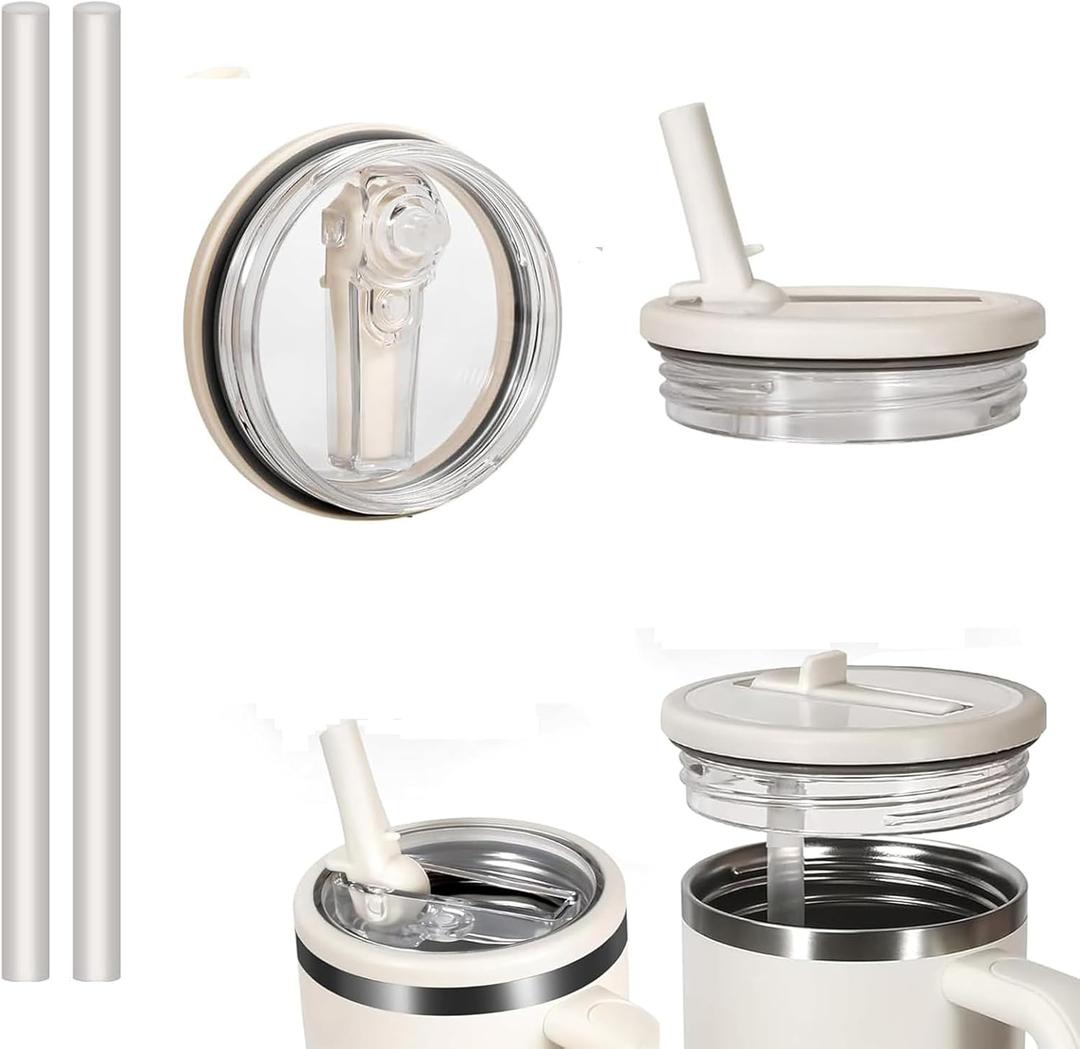 2 Pack 40 oz Tumbler Flip Straw Lid Replacement Fit for Stanley Quencher, Leak Proof for Stanley Lid Replacement Spill Proof Reusable Tumbler Cover Compatible with 40oz Stanley Cup Accessories (White)