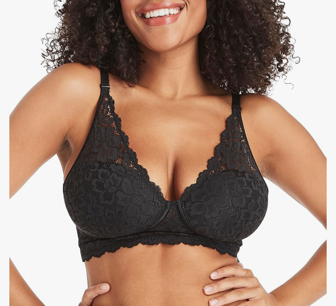 Maidenform Women's Wireless Bralette, Pure Comfort Lace Longline Bra, Convertible Bra for Women Black 36D