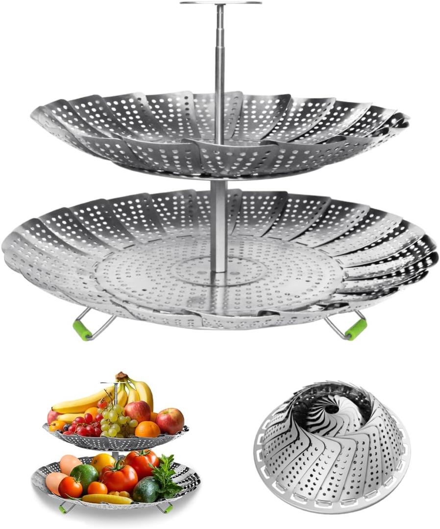 LANVIYA Double Layer Steamer Basket for Cooking - Large Capacity 2-in-1 Stainless Steel Vegetable Steamers, Expandable 5.4-11 Inches Adjustable Steamer Insert for Pots/ Instant Pot, Dual Layer Steamers for Baby Food/ Seafood/ Dumplings