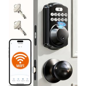Veise VE012W-K Built-in WiFi Fingerprint Smart Lock with 2 Knobs, No Hub Needed, Remote APP Control, Keyless Entry Door Lock, Smart Deadbolt for Front Door, Auto Locking, Matte Black