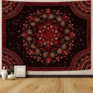 Accnicc Boho Mandala Tapestry Wall Hanging Hippie Bohemian Floral Flower Medallion Tapestry Aesthetic Small Vintage Black Red Indian Tapestries for Bedroom Living Room Dorm Decor, 48 x 36 Inch