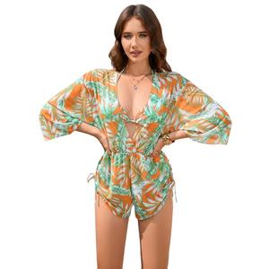 COZYEASE Women's 2025 Summer 3 Piece Swimsuits Tropical Print Bikini Set Halter Drawstring Bathing Suits with Cover Up Orange Small