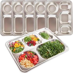 6 Pack 304 Stainless Steel Divided Plates Tray 5 Section Rectangular Dinner Plates Unbreakable Stainless Steel Serving Platter Control Plate for Adults Picky Eaters Campers Portion Control