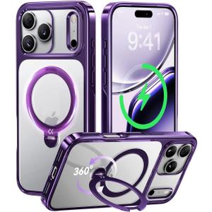 CASEKOO Purple Glossy for iPhone 17 Pro Max Case with 360 Spin Magnetic Stand [Fit for MagSafe][17FT Military Protection] Slim Polished Frame Titanium Alloy Sturdy Stand 6.9", Purple