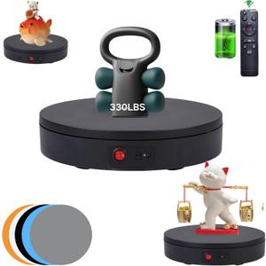 JAYEGT Motorized Rotating Display Stand ,330 Lbs Load 360 Degree Electric Rotating Photography Turntable For Products DisplayVideo Show, Live ShowRemote Control+5 Colors Backgrounds (Black / 11.8inch / Rechargeable), Black 