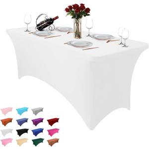 Heochy 1 Pc 6FT Table Cloth for Rectangle Tables - White Tablecloth Rectangular Fitted Stretch Spandex Table Covers 6 ft for Birthday, Cocktail, Wedding, Banquet Spring Outdoor Party