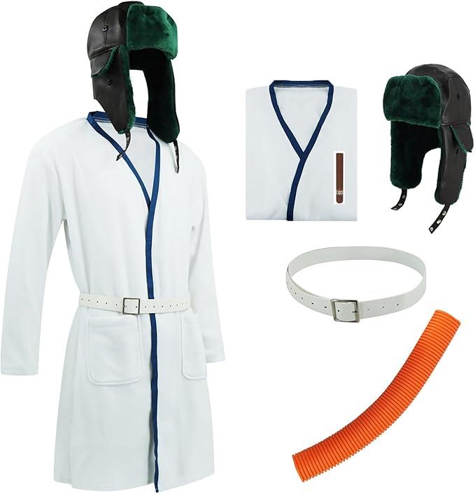 Christmas Vacation Cousin Eddie Costume Role Play White Robe Belt with Trapper Hat for Men Halloween Party, L-XL