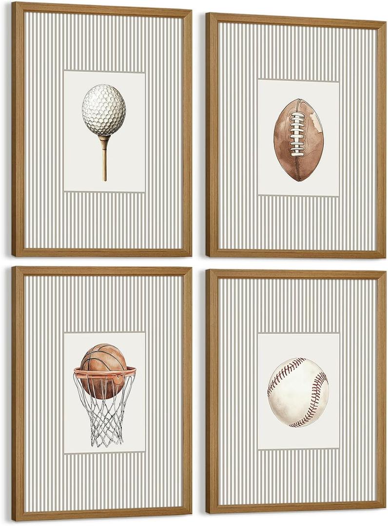 Sports Wall Art Decor Toddler Boys Room Canvas Prints Vintage Sports Nursery Wall Decor Kids Poster Football Baseball Pictures Basketball Golf Painting Artwork for Bedroom 8x10x4 Inch Wood Framed