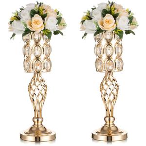 Gold Vases for Centerpieces - Metal Flower Stand with Bling Stones, Tall Vases Bulk Centerpieces for Wedding Table, Birthday, Event, Living Room, Set of 2