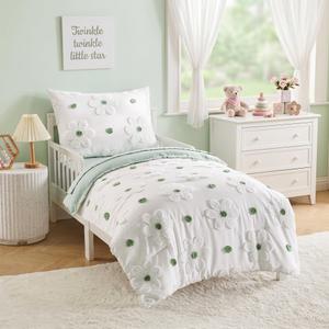 Toddler Bedding Set for Girls Sage Green Tufted Boho Toddler Comforter Set | 4-Piece Tufted Daisy Flowers Bed-in-a-Bag Toddler Girls Bedding Sheets Set with Comforter,Flat Sheet,Fitted Sheet,Pillowcase