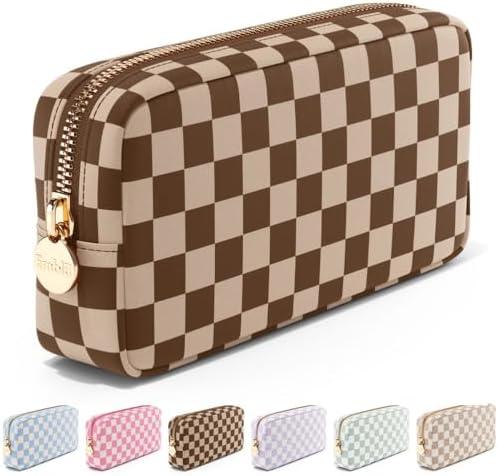 Makeup Bag Travel Cosmetics Pouch and Toiletry Bag, Nylon Zipper Pouch Purse, Cute Make Up Organizer Storage Tote for Women Girls, Travel Skincare Case, Small Makeup Case, Chocolate Sand Checkered