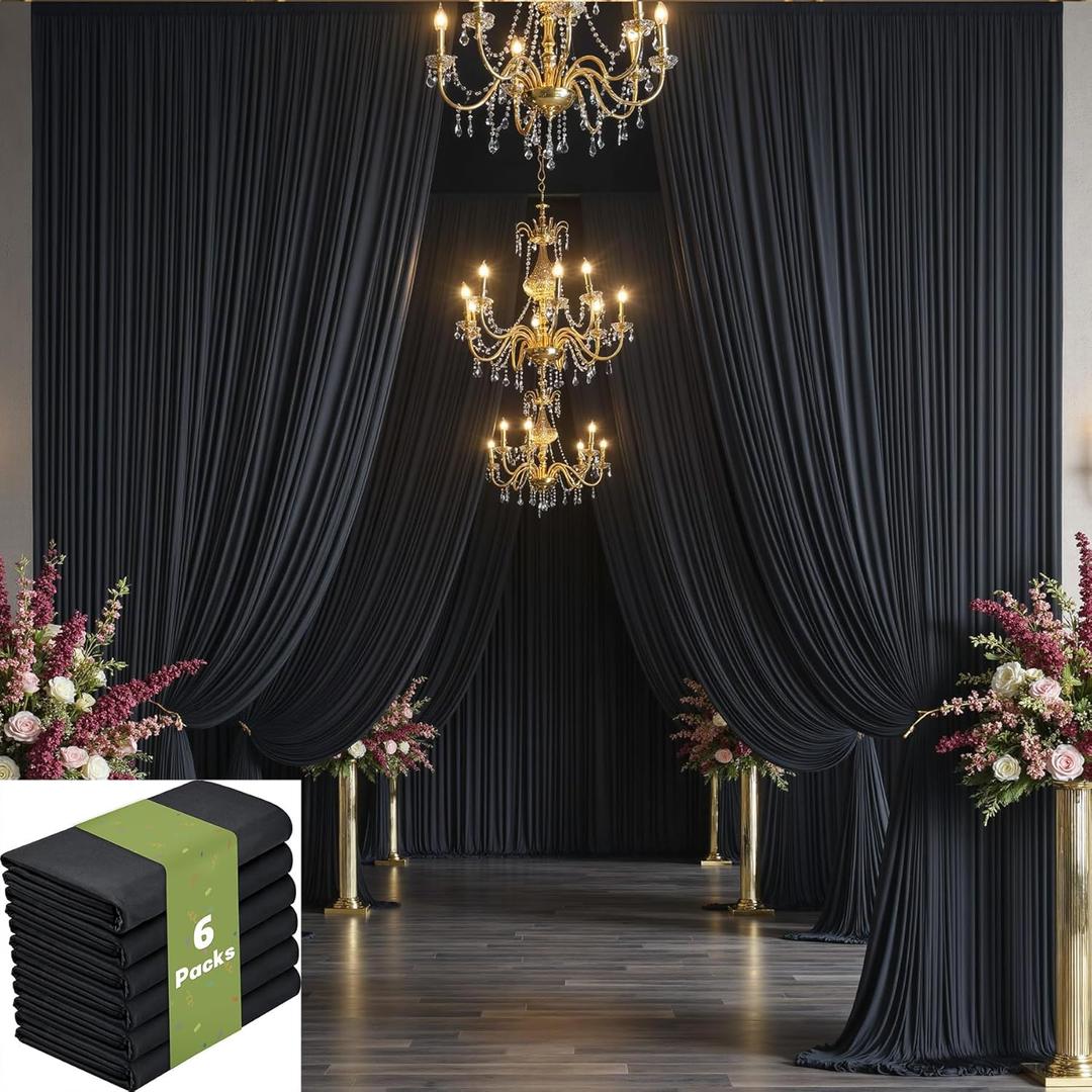 6 Panels 5x15ft Black Backdrop Curtains for Parties, Wrinkle Free Polyester Black Photo Backdrop Drapes 15 ft Long Back Drop Cloth for Wedding Birthday Photography Background Party