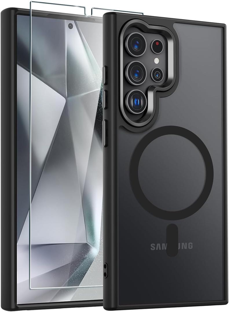 WRJ Case for Samsung Galaxy S25 Ultra, Translucent Magnetic Phone Case for Women Men [Compatible with Magsafe] Slim Anti-Fingerprints Shockproof Protective Cover with Screen Protector-Black