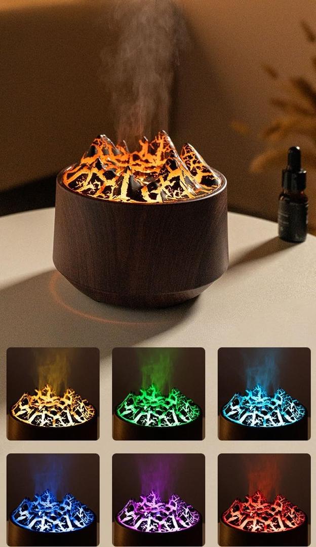 Essential Oil Diffuser, Volcano Fire Flame Aromatherapy Diffuser, 300ml Ultrasonic Cool Mist Humidifier, Scent Aroma Diffuser with 7 Colors Light, Timer&Auto Shut-Off for Home, Room (Dark Wood)