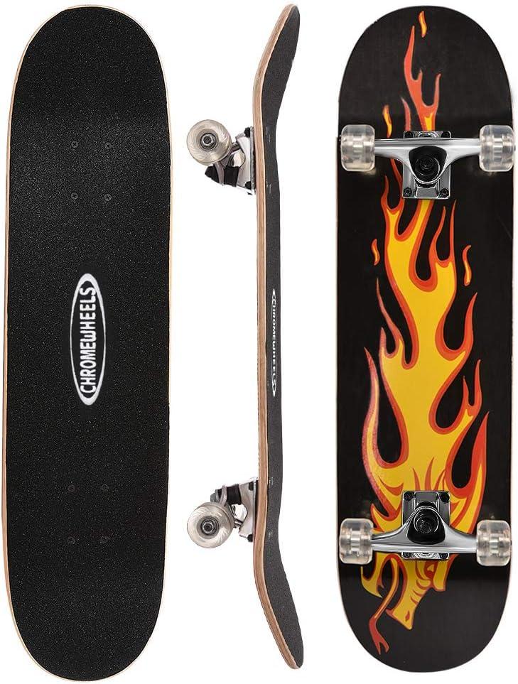 ChromeWheels 31 inch Skateboard Double Kick Skate Board Cruiser Longboard 8 Layer Maple Deck Skateboards for Kids and Beginners