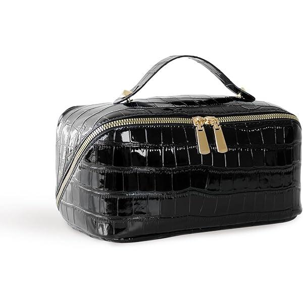 SIVSEA Travel Makeup Bag, Waterproof Cosmetic Bag for Women, Large Capacity Open Flat Toiletry Pouch with Divider and Handle, Portable Makeup Organizer, Black