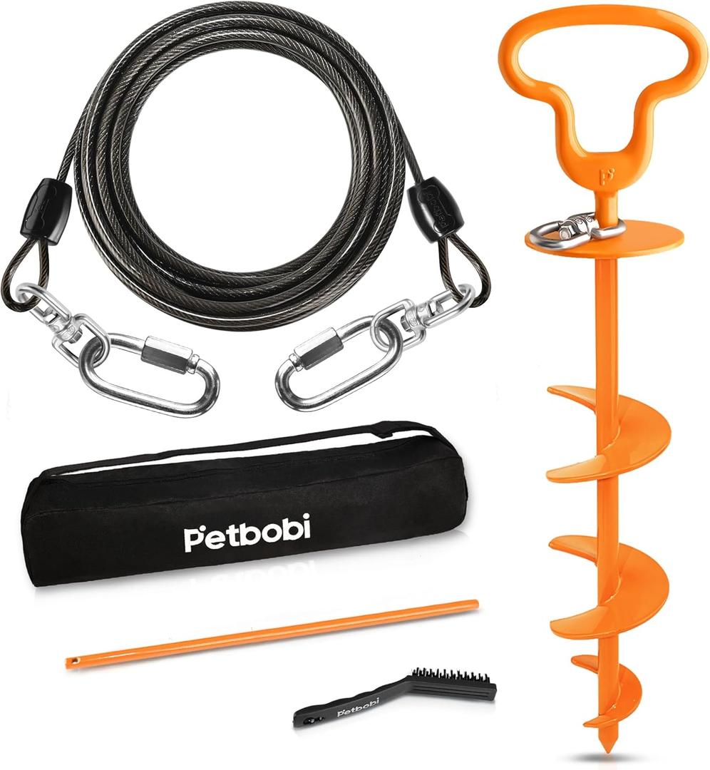Petbobi Heavy Duty Dog Tie Out Cable and Stake - 20FT Steel Wire Dog Leads for Large Dogs Up to 300lbs, Anti Rust Spiral Stake with Strong Leash & 360 Swivel Hooks - Ideal for Yard, Outdoor & Camping (Black)