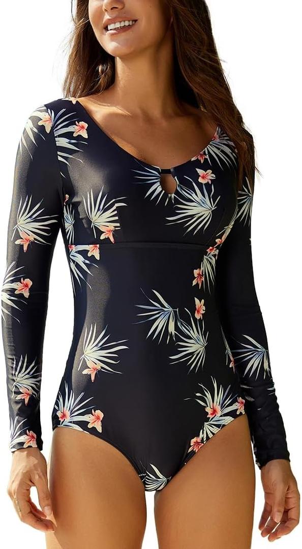 Women's One Piece Long Sleeve Rash Guard UV Protection Printed Surfing Swimsuit Swimwear Bathing Suit, Size: Small