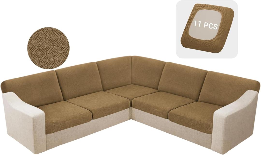 HDCAXKJ Waterproof Sectional Couch Cushion Covers 11 Pieces Stretch Jacquard L Shaped Corner Sofa Slipcover Back Cover Soft Sofa Seat Cushion Covers for Dogs Pet (5 Seater and 6 Backrest, Brown)