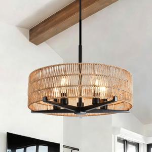 Large Boho Rattan Chandelier,Farmhouse Chandelier for Dining Room Modern Pendant Light Fixture 5-Light Hand Woven Pendant Light Rustic Ceiling Hanging Lighting for Kitchen Island, 21.7in,5L