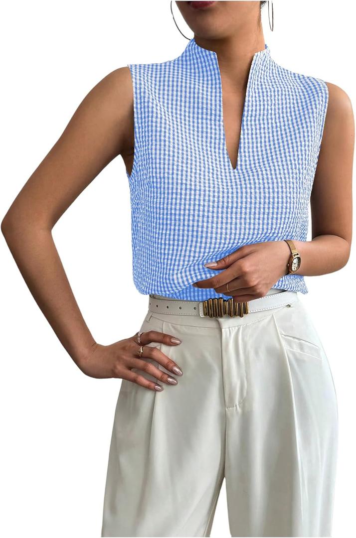 SOLY HUX Women's Work Outfits V Neck Sleeveless Blouses Summer Casual Tank Tops Business Office Dressy Striped Shirts (M)
