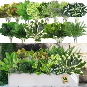 36 Bundles Fake Plants Outdoor, UV Resistant Artificial Ferns Greenery Stems Shrubs Faux Bushes Leaves Plastic for Indoor Outside Porch Garden Patio Window Office Entrance Bathroom Decor