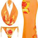 ZAFUL Women's 3 Piece Floral Swimsuit Draped Neck Halter Bikini Tie Side Bathing Suit with Sheer Cover Up Skirt (Orange, L)