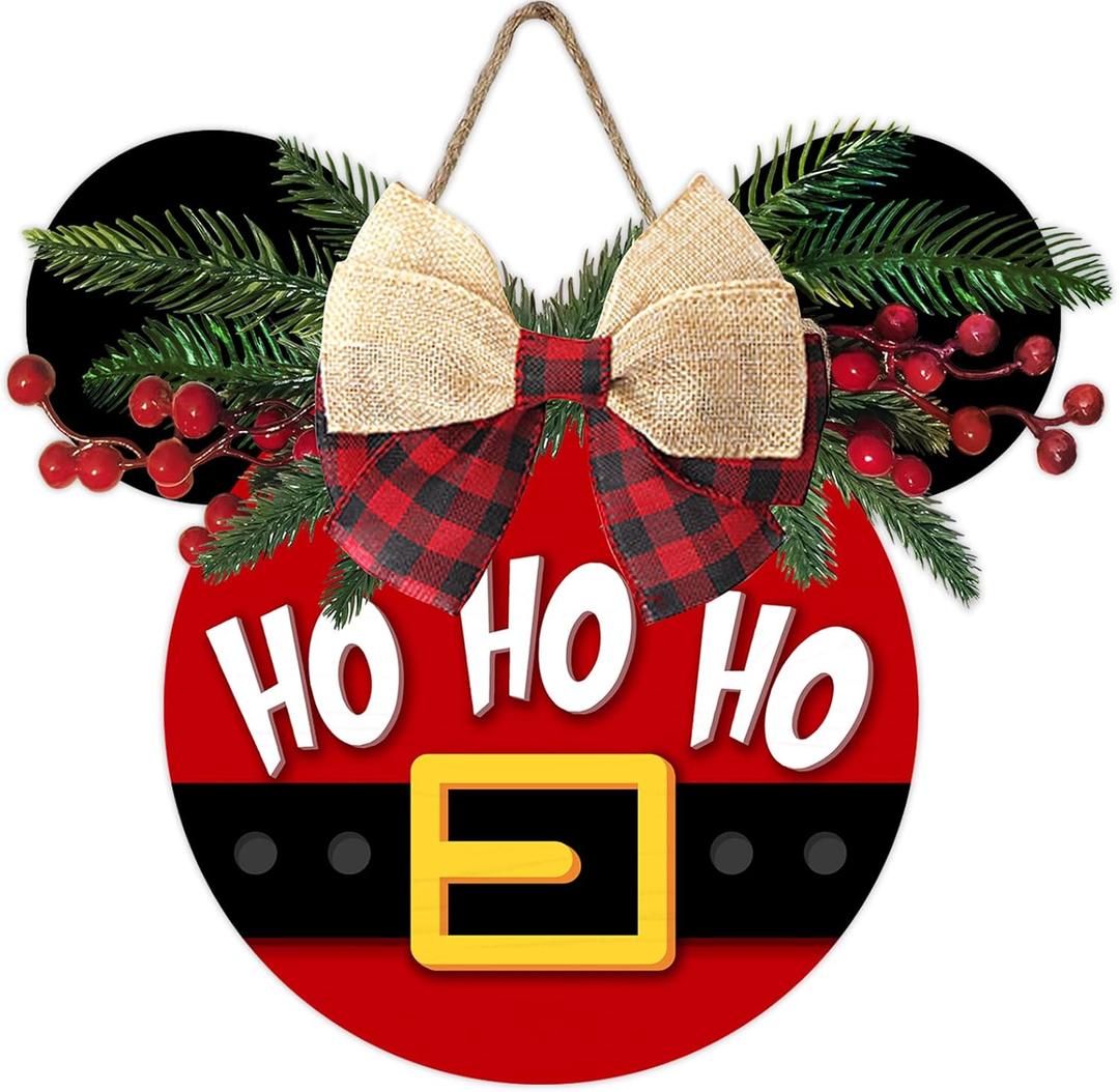 Deroro Christmas Front Door Sign, Xmas Ho Ho Ho Holiday Wood Door Hanger Outdoor Porch Decor, Winter Farmhouse Rustic Wooden Wreath with Plaid Bow Indoor Wall Hanging Decoration