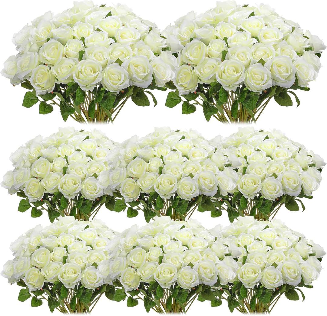Hotop 80 Pcs Rose Artificial Flowers Bulk with Long Stem, Silk Roses Realistic Fake Flowers Bouquet for Wedding Table Centerpieces Bridal Shower Party Home Decorations(White)