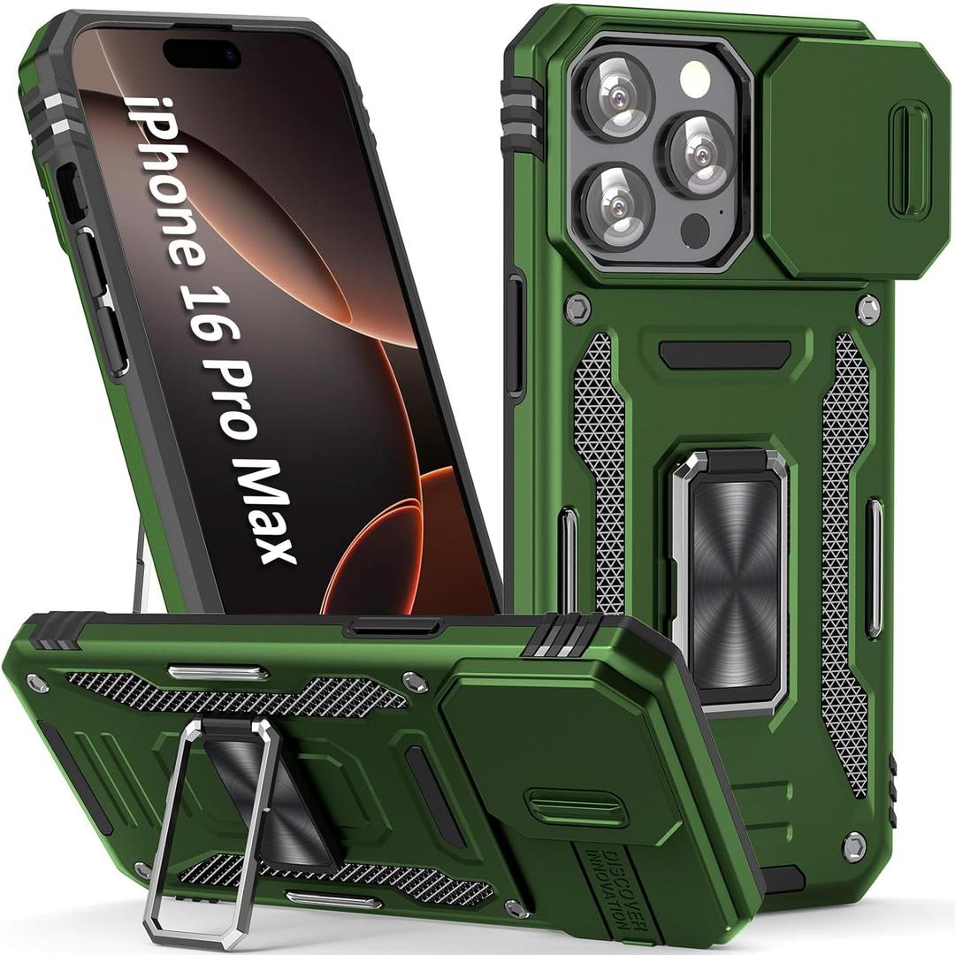 Phone Case for 16 Pro Max Case iPhone 16 Pro Max Phone Case with Camera Lens Cover, with Ring Holder Kickstand, fit Magnet Car Mount, for iPhone 16 ProMax (Olive Green)