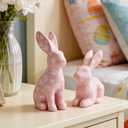 WDS WONDROUS Easter Decorations Floral Bunny Figurines Set, Pink Rabbit Decor with White Flowers, Easter & Spring Tabletop Decor, Farmhouse Home Decor Sculptures for Shelf Coffee Table Mantel