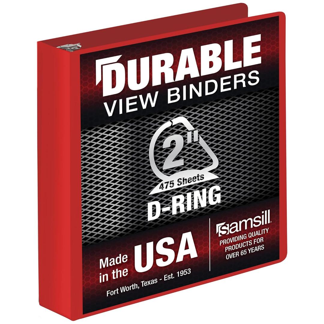 Samsill Durable 2 Inch Binder, Made in The USA, D Ring Binder, Customizable Clear View Cover, Ruby Red, Holds 475 Pages
