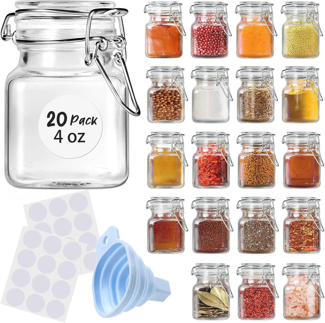 SKOCHE Spice Jars 20 Pack Small 4 oz Glass Jars with Airtight Hinged Lids, Spice Herb Jars with Labels and Silicone Funnels, 4oz Glass Jars with Lids Ideal for Spice Herbs