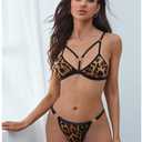 Women's Two Piece Love Loop Lingerie Leopard Print Cheeky Bikini Sets Sexy Halter Ring Triangle String (Black, L)