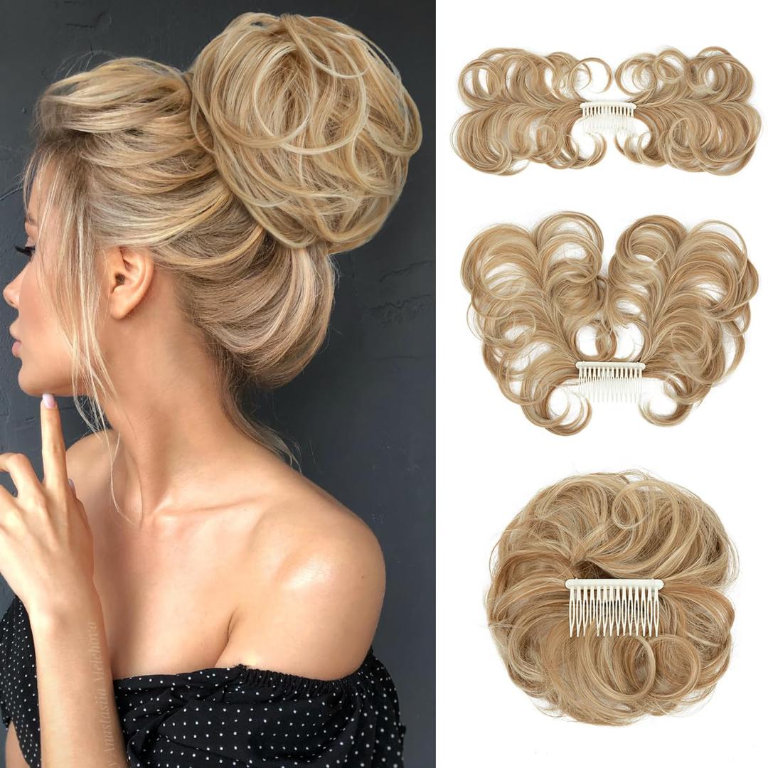Messy Bun Hair Piece Side Comb Clip in Hair Bun Hairpiece for Women Short Natural Straight Versatile Adjustable Styles Easy Hair pieces (Golden Blonde/Beach Blonde-C)
