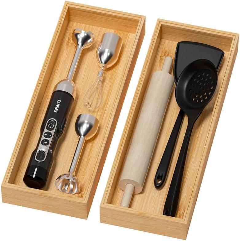 Bamboo Drawer Organizer for Kitchen & Bath, Extra Large Stackable Tray for Silverware, Toiletries & Utensils, 2 Pcs, 17" x 6" x 2" (Outer), 16.3" x 5.3" x 1.77" (Inner) (Yellow)