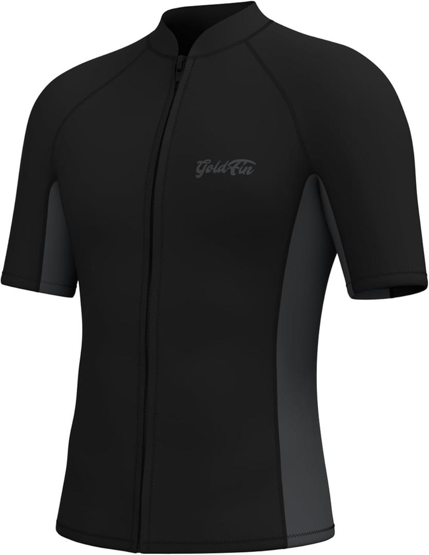 GoldFin Men Wetsuit Top, Mens Short Sleeve Wet Suit Neoprene Jacket 2mm Front Zipper Wetsuits Shirt Cold Water Swim Scuba Diving Surfing Snorkeling (Large, Black)