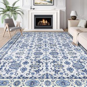 BLISSA Washable Area Rug 8x10 - Large Delft Blue Boho Rugs for Living Room Soft Vintage Oriental Floral Retro Carpet Stain Resistant Accent Rug for Bedroom Dining Room Under Table Home Office Decor