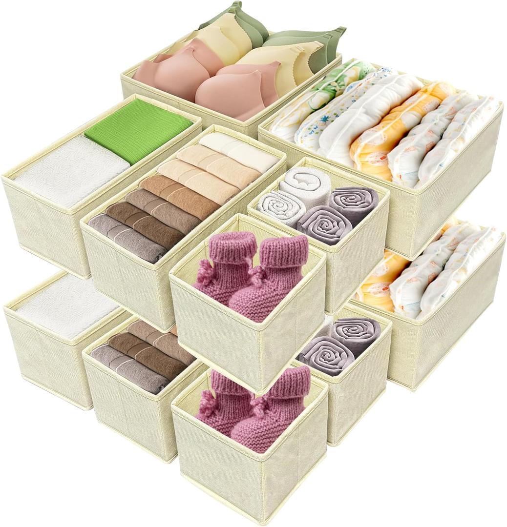 Clothes Organizer, Storage Drawer, 12 Piece Fabric Drawer Organizer Foldable Wardrobe Divider for Clothing, Underwear, Socks, Bra and Scarf, Home Storage Box in Drawers and Closet (Beige)