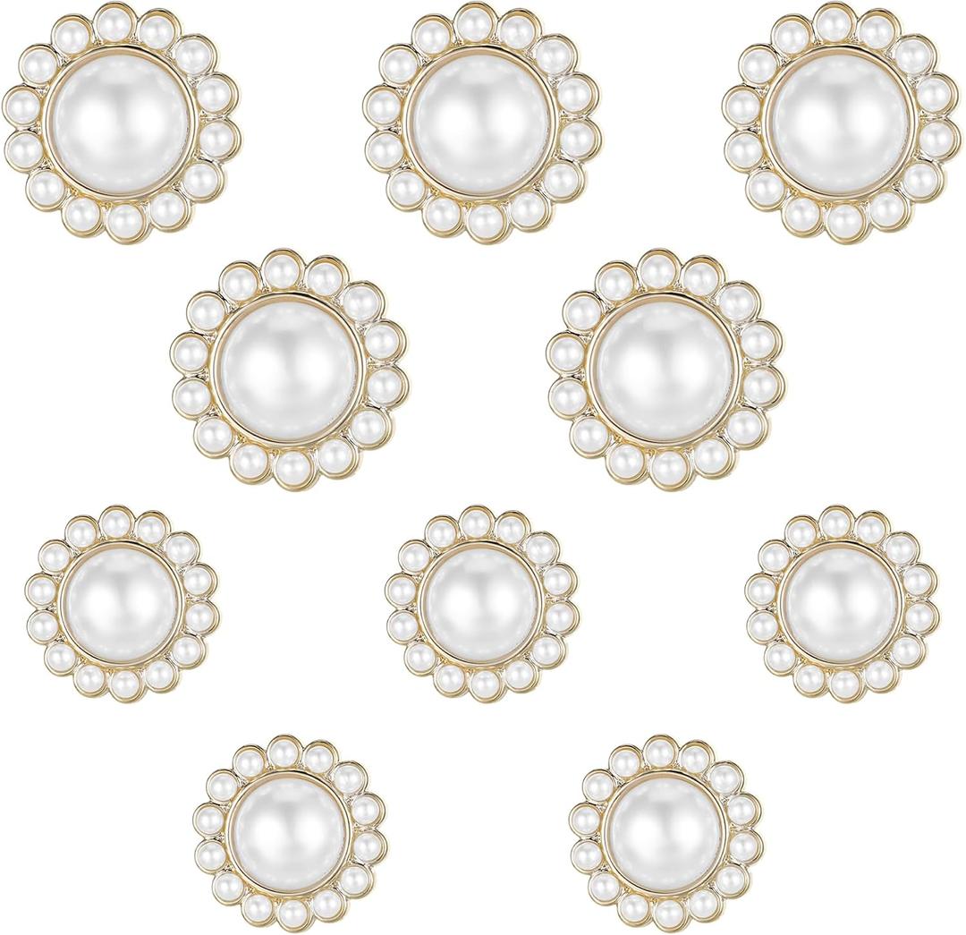10 Pcs Pearl Buttons, Vintage Faux Pearl Button with Shank, Decorative Metal Rhinestone Buttons for Clothes, Dresses, Shirts, Sewing, DIY Crafts (White Gold 21 + 25 mm)