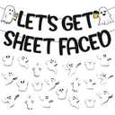 Lets Get Sheet Faced Banner with 3D Ghosts Decoration Halloween Bat Spider Witches Haunted House Theme Happy Halloween Party Supplies Glitter Black Decorations