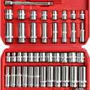 EACELIY 44pcs 3/8" Drive Impact Socket Set,Drive Master Socket Set,SAE/Metric, Deep & Shallow with 3/8" Drive Head Ratchet,Universal Joint,Extension bar (3 & 6),6 Point,CR-V SteelMirror Chrome