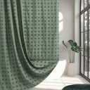 Extra Long Green Boho Shower Curtain Woven Fabric Cute 84 Inch Shower Curtain, 72 x 84 Tufted Pleat Floral Puffs Textured Modern Farmhouse Minimalist Shower Curtain Set with Hooks for Bathroom