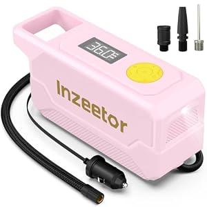 Inzeetor 150 PSI Tire Inflator Portable Air Compressor, 12V DC Auto Shutoff Air Pump with Digital Pressure Gauge and Emergency LED Light for Car Tires, Bicycle & Balloons, Pink